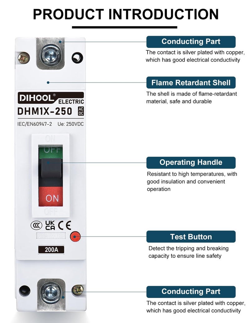 DIHOOL 200 Amp DC Breaker, 240V Battery Disconnect Switch, Thermal Magnetic Trip for Main Power Station Solar System, UPS - Image 4